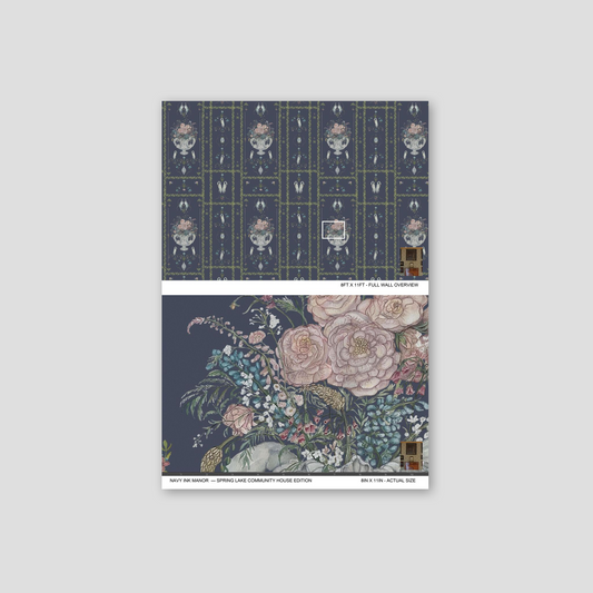 Navy wallpaper with intricate floral urn motifs and swans, elegant and vintage style.
