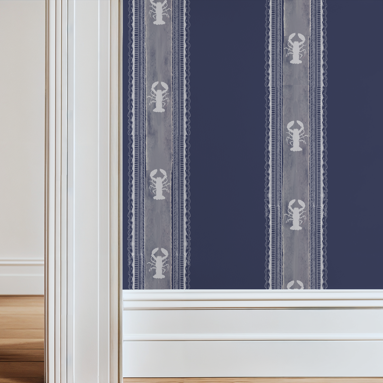 Coastal lobster stripe wallpaper in navy and white with nautical theme.