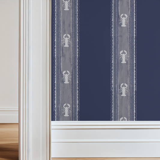 Coastal lobster stripe wallpaper in navy and white with nautical theme.