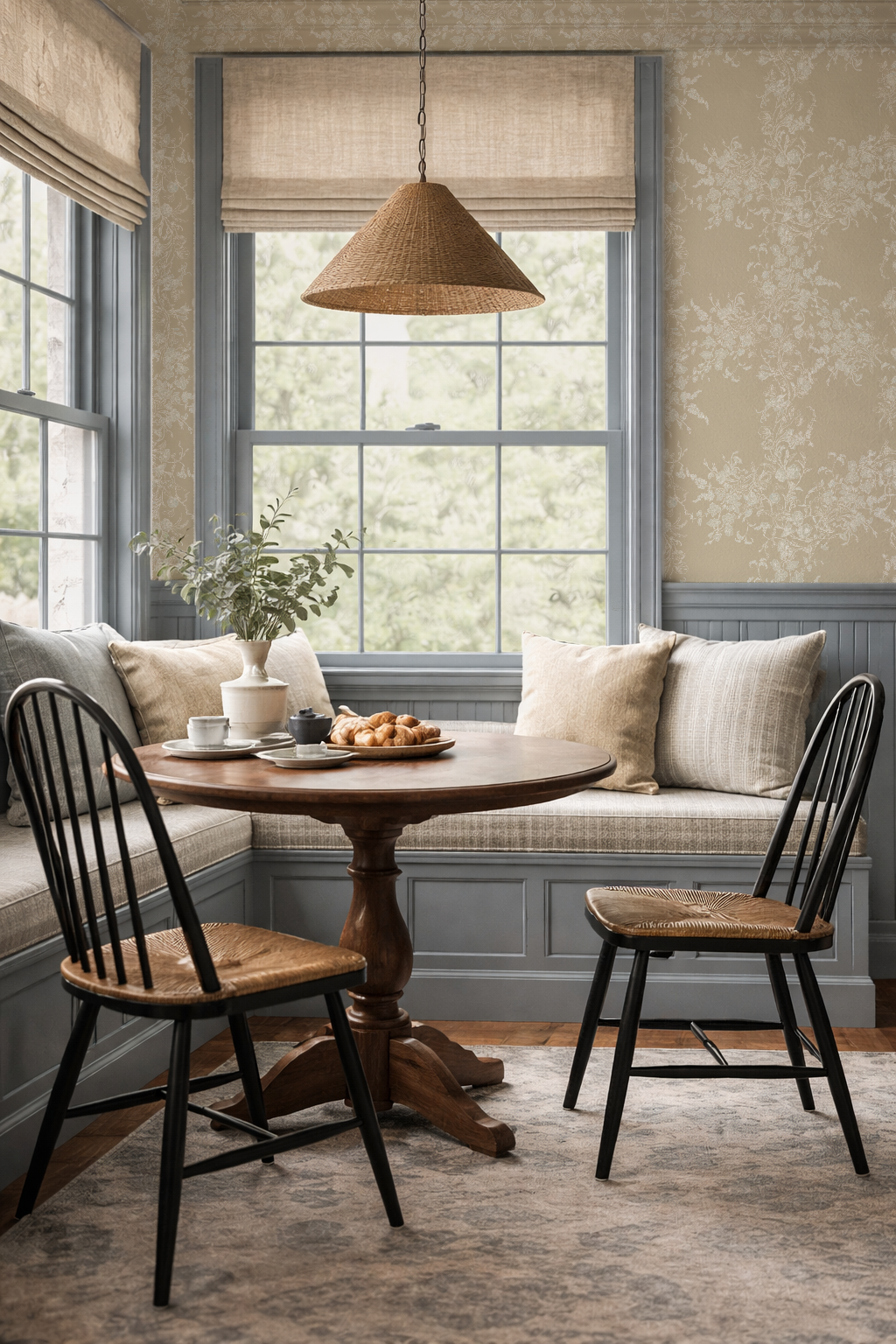Nook with wooden table and chairs, cushioned bench, and large windows.