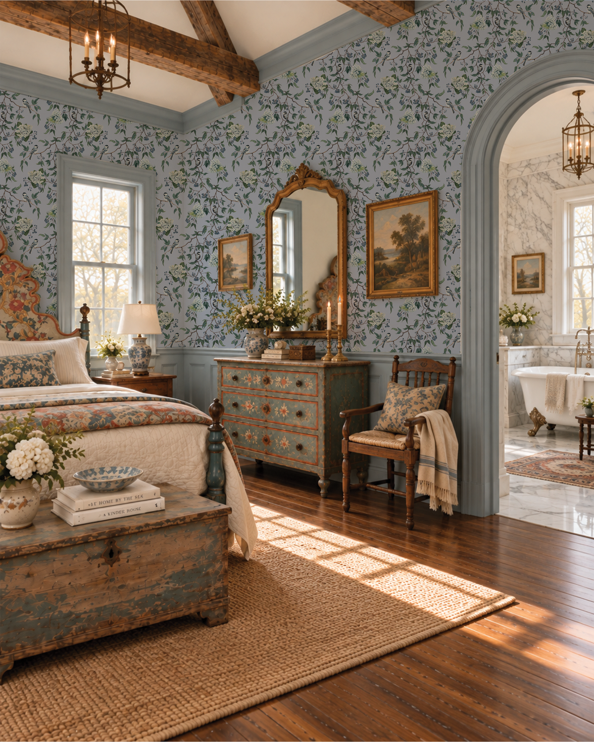 Sunken Garden Coastal Cottage Chickadee and Hydrangea Wallpaper Melissas blue