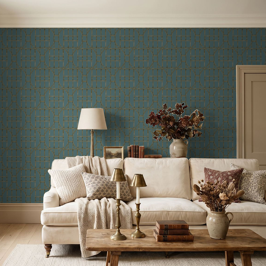 Peacock blue trellis wallpaper in cozy living room with beige sofa and rustic decor.