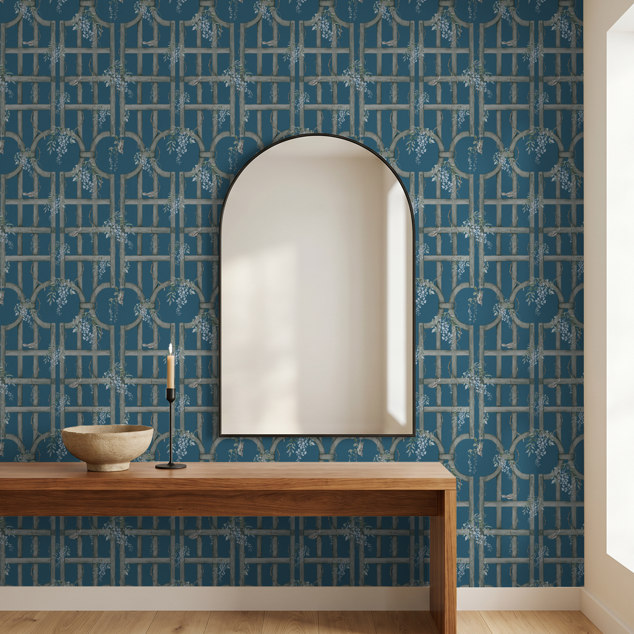 Peacock bluebird trellis wallpaper with floral lattice in elegant room setting.