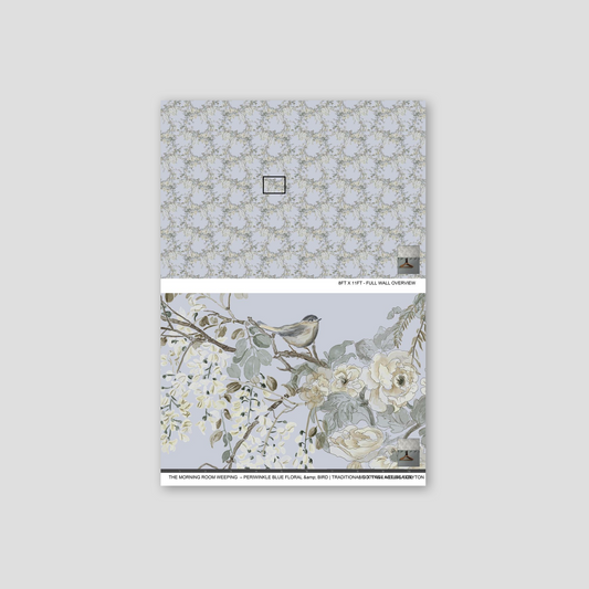 Periwinkle blue wallpaper with floral and bird design, featuring delicate blooms and branches.