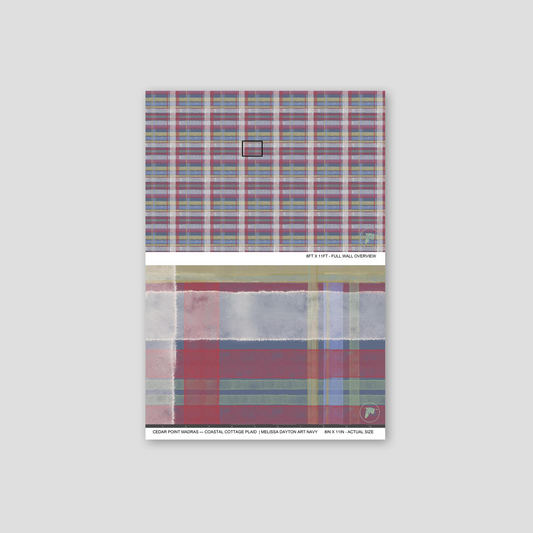 Plaid wallpaper sample with deep blue, red, and gold hues in a grid pattern.