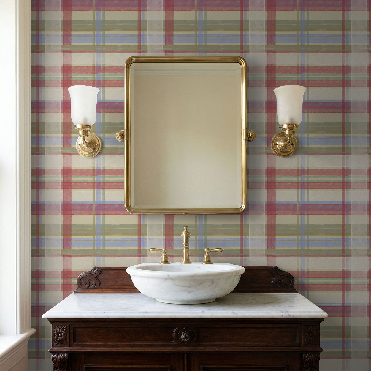 Plaid wallpaper in gold, red, and blue in a bathroom with a mirror and sconces.
