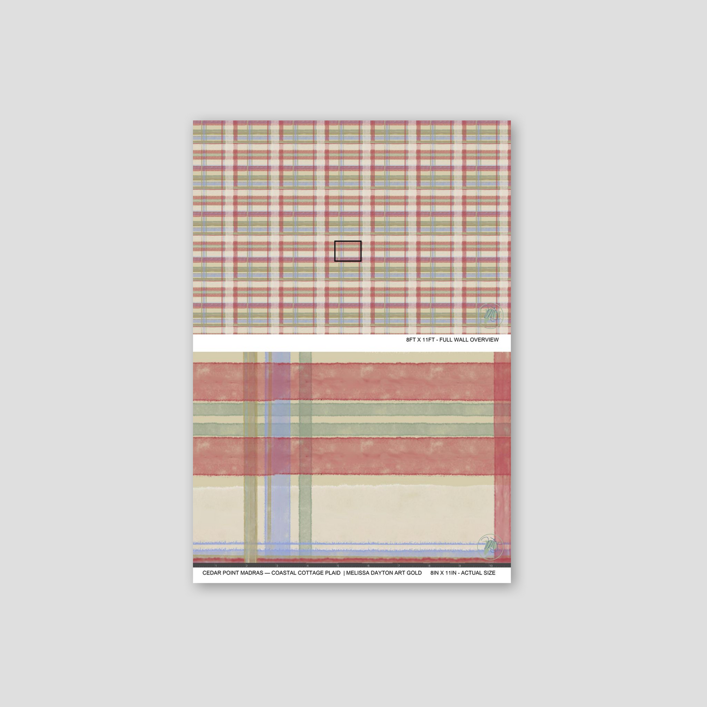 Plaid wallpaper in gold, red, and blue with a textured, layered design.