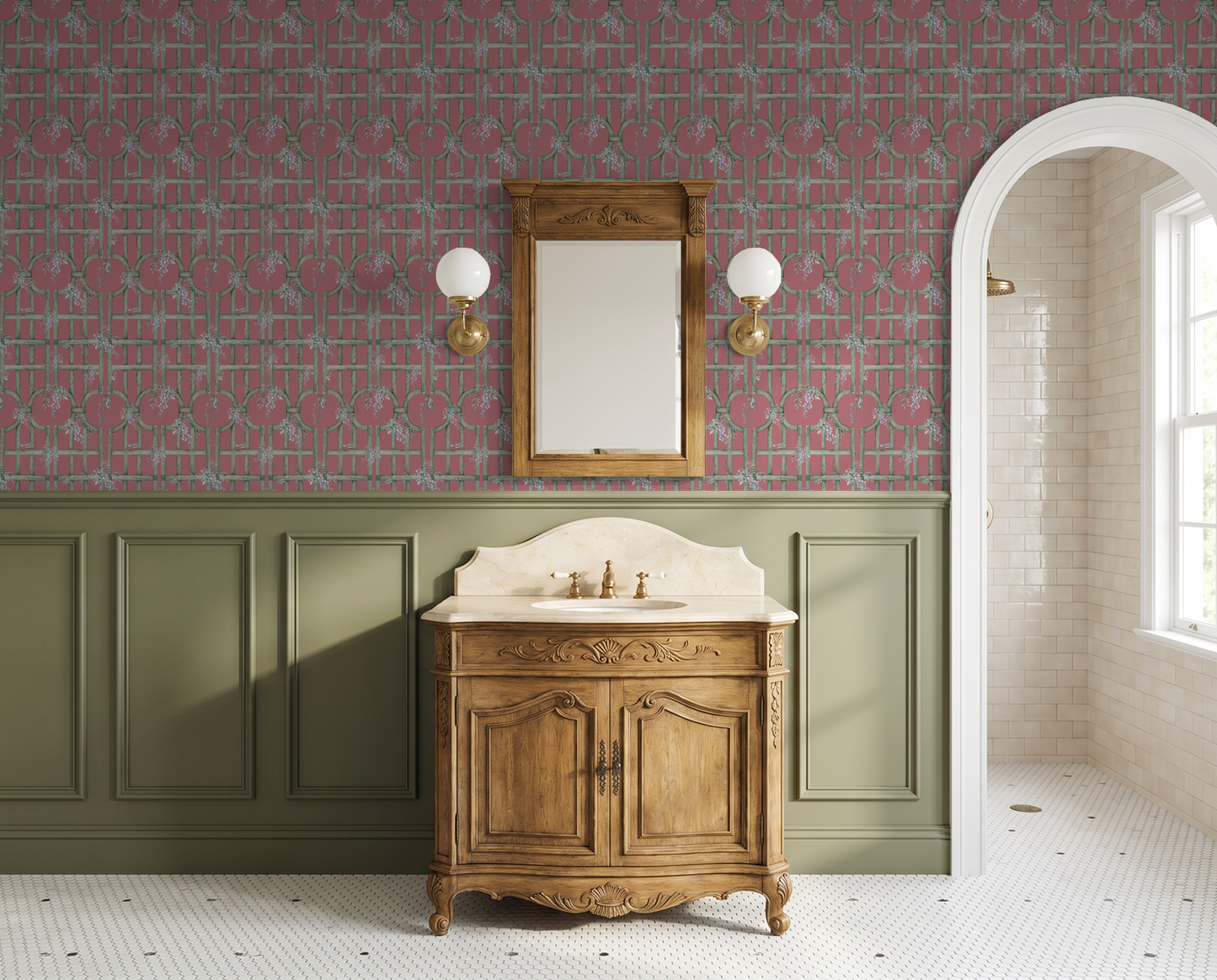 Raspberry floral lattice wallpaper in vintage bathroom with wooden vanity
