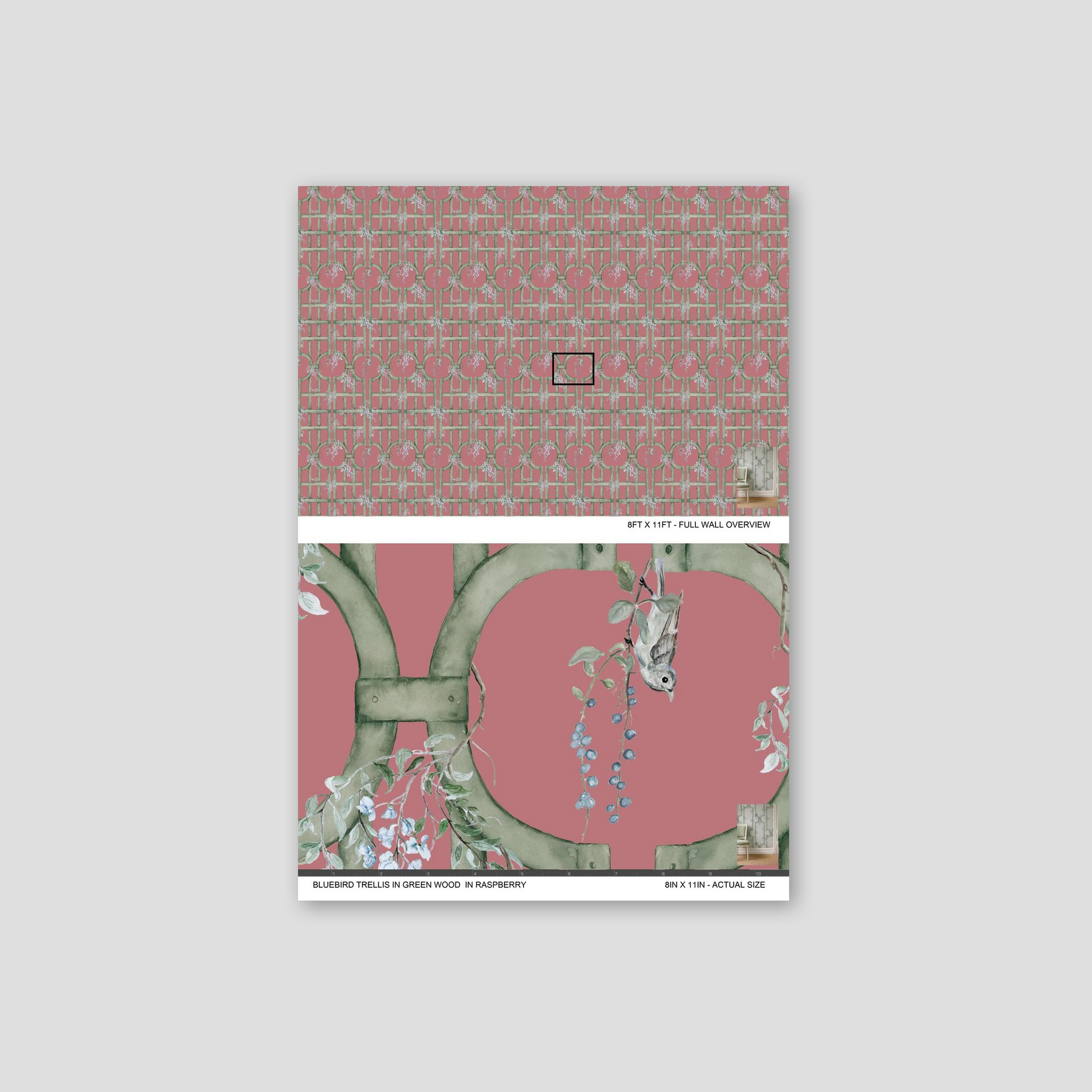 Raspberry wallpaper with green lattice and bird motifs, botanical design.