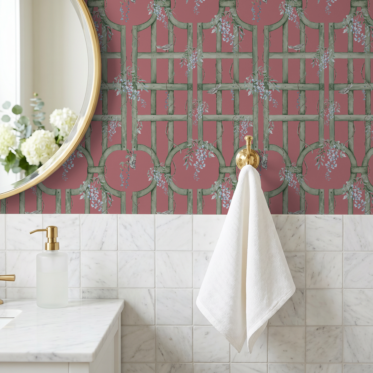 Raspberry wallpaper with green lattice and bird motifs, botanical design.