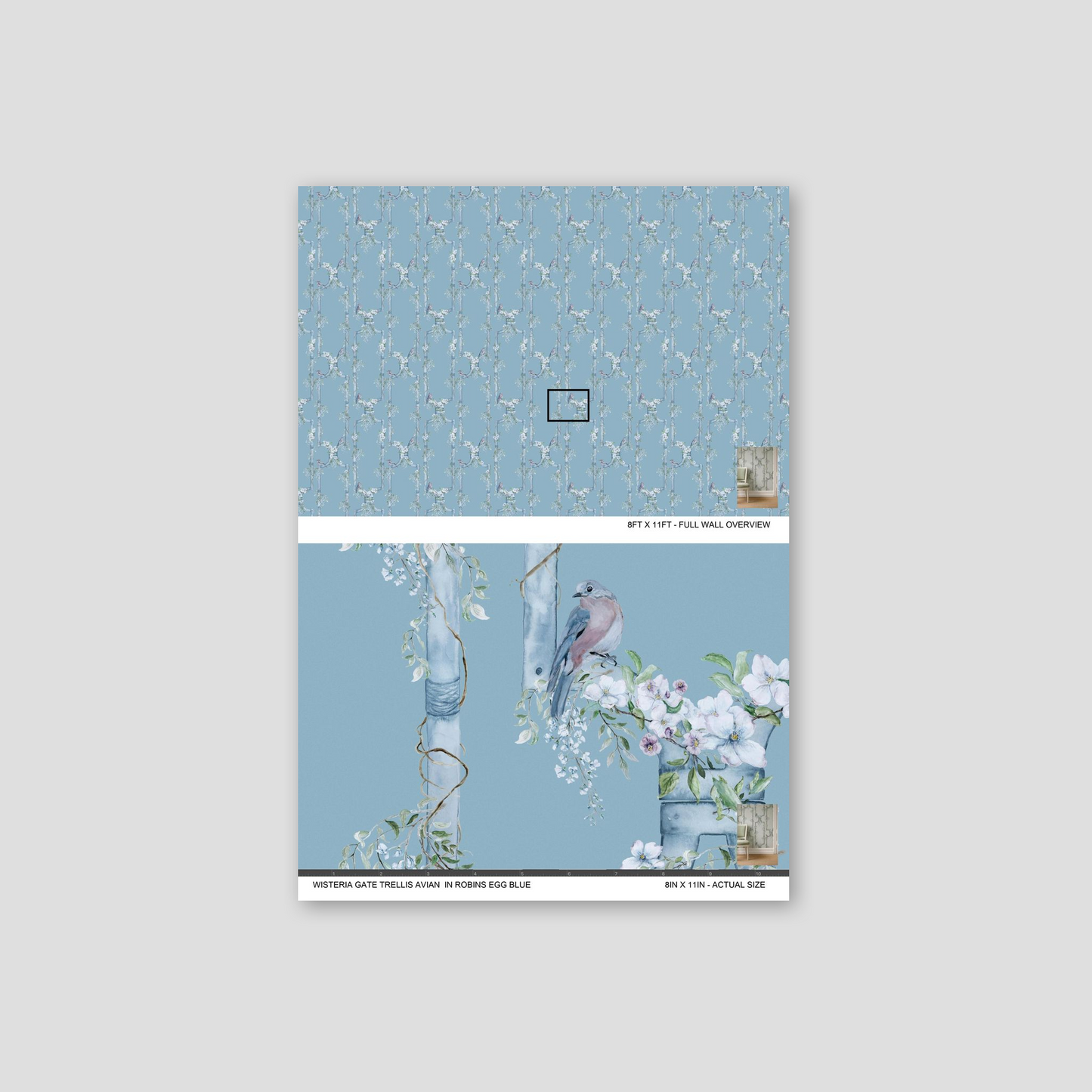 Robins egg blue wallpaper with birds, vines, and flowers