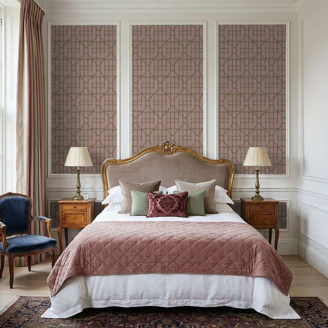 Elegant bedroom with rose trellis wallpaper and classic wood furniture.