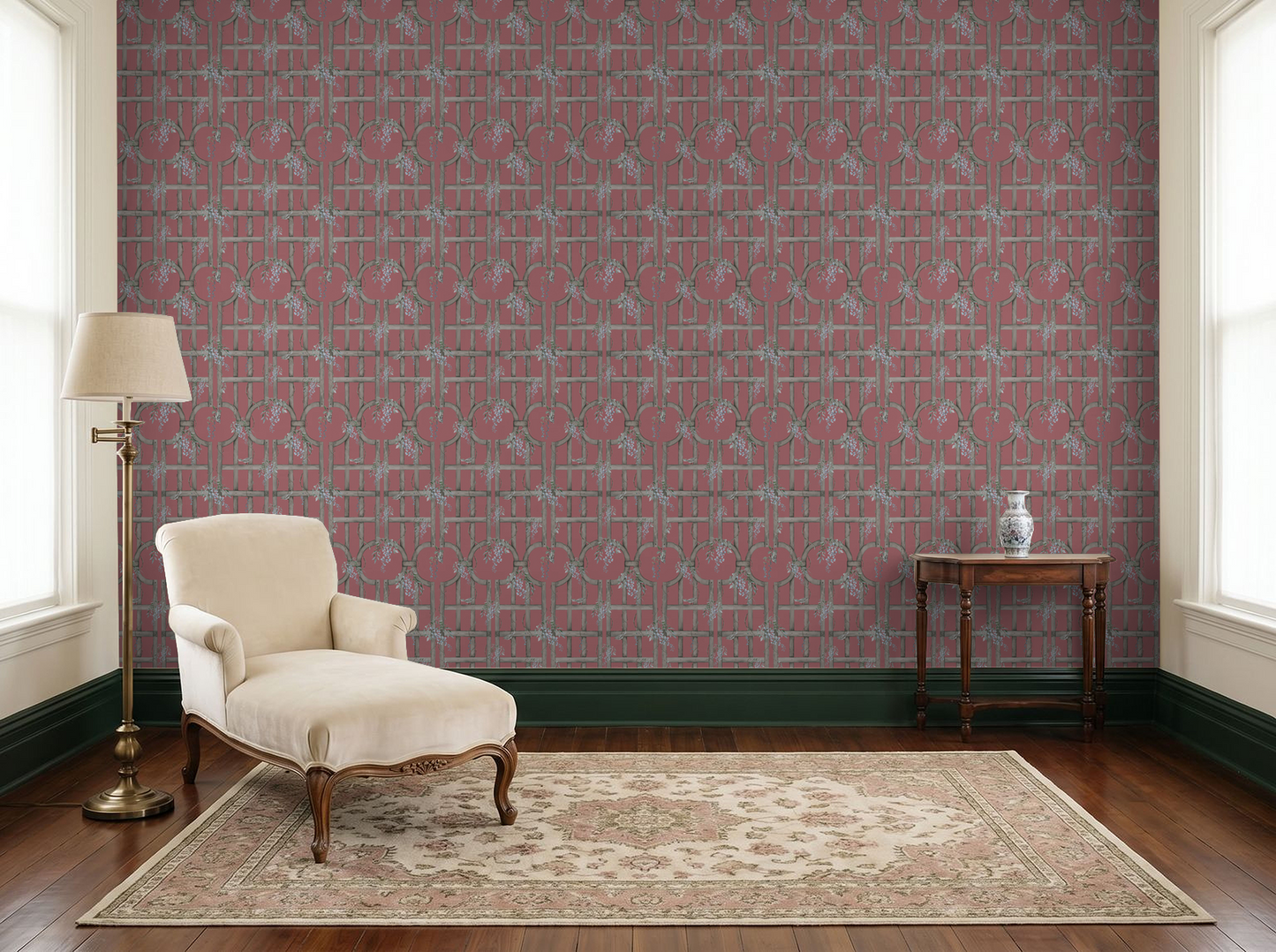 Rustic terracotta wallpaper with blue floral trellis pattern in elegant room setting.