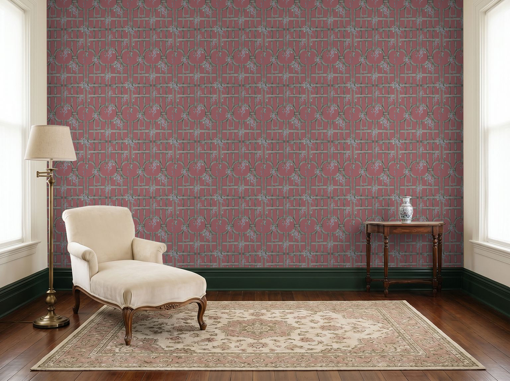 Rustic terracotta wallpaper with blue floral trellis pattern in elegant room setting.