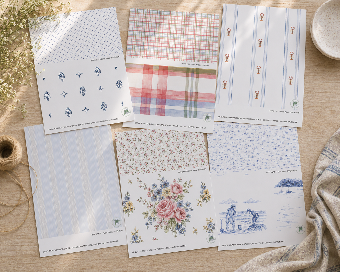 Collection of patterned paper sheets on a wooden surface