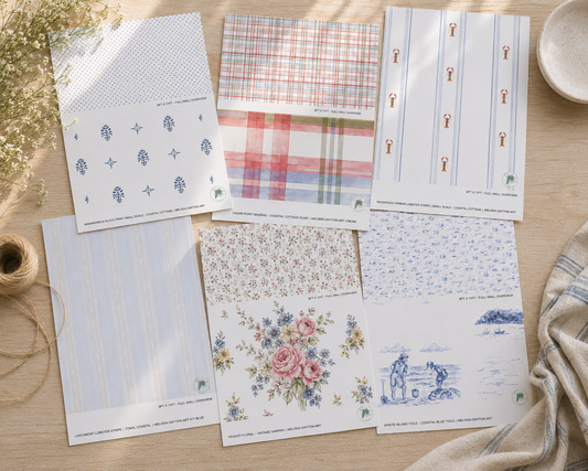 Collection of patterned paper sheets on a wooden surface
