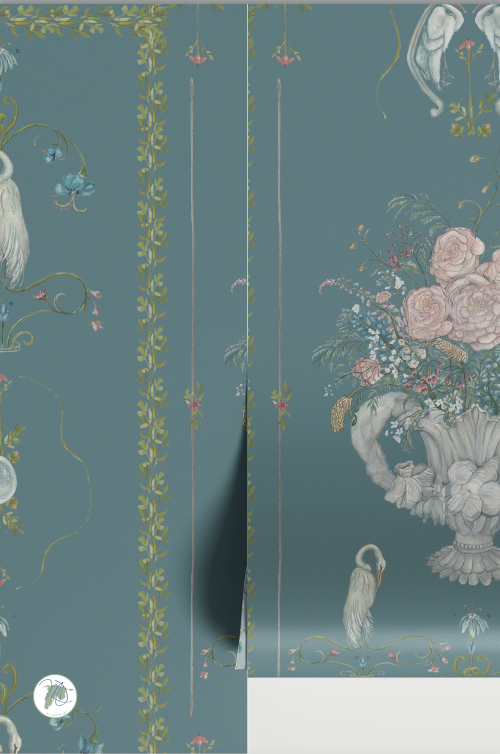 Decorative wallpaper with floral and animal patterns on a teal background