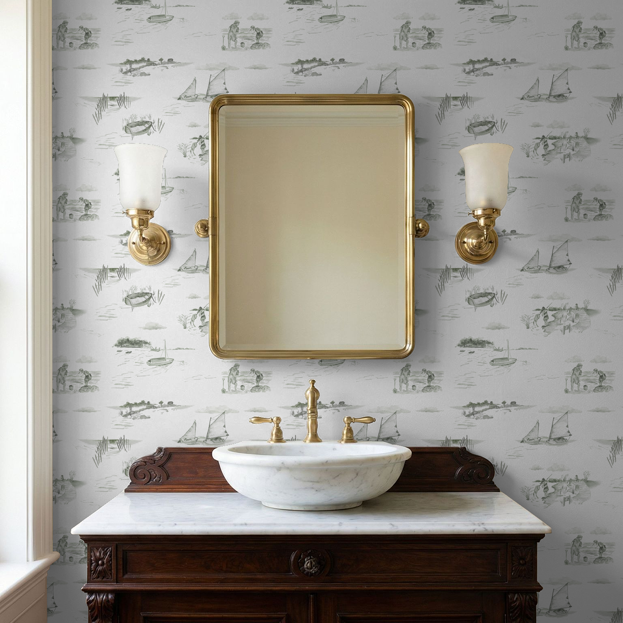 Sepia coastal toile wallpaper with sailboats and seaside scenes in a bathroom setting with vintage decor.