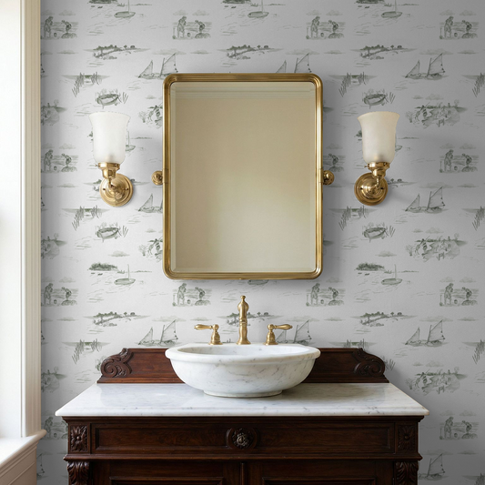Sepia coastal toile wallpaper with sailboats and seaside scenes in a bathroom setting with vintage decor.