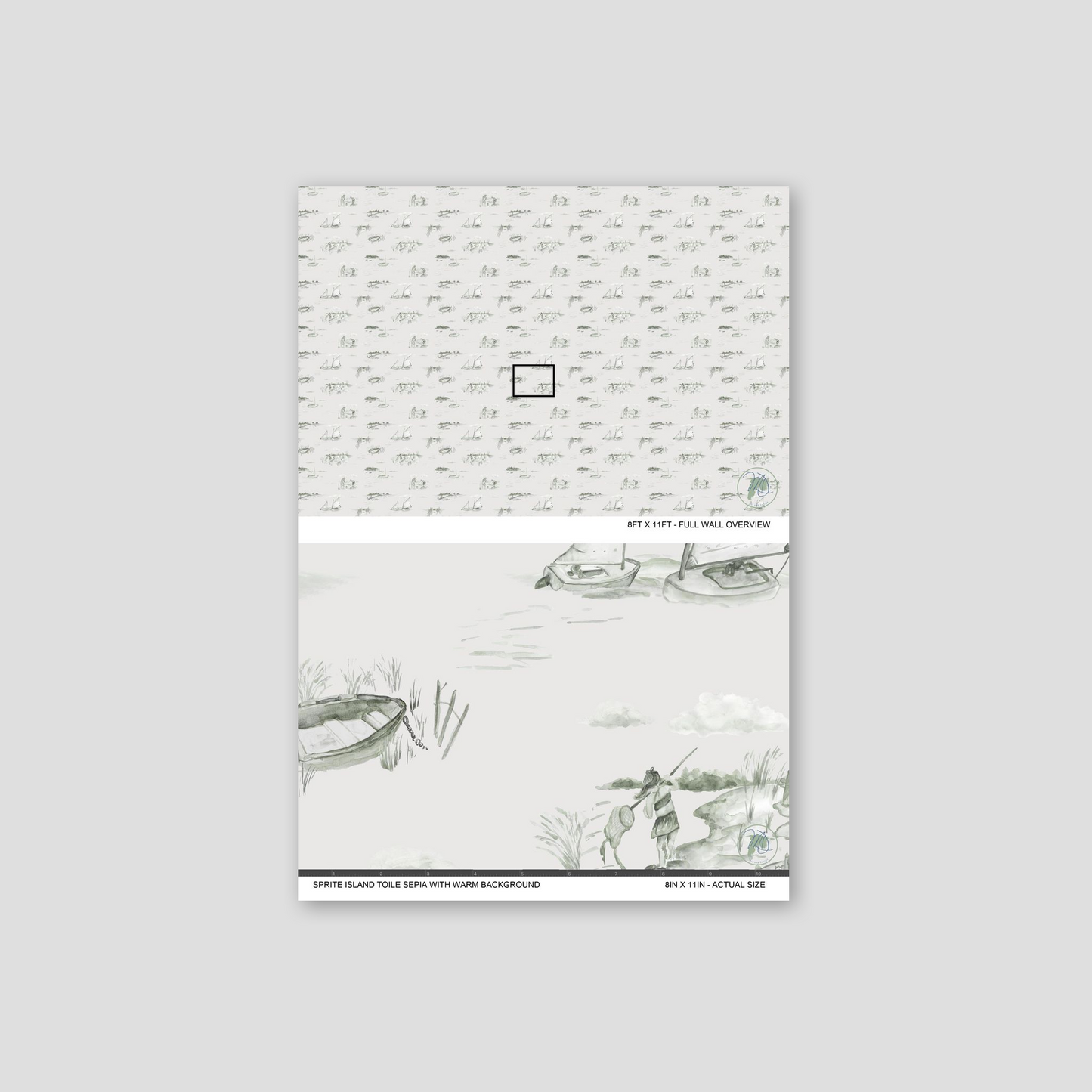 Sepia coastal toile wallpaper with sailboats and serene seascape illustration.