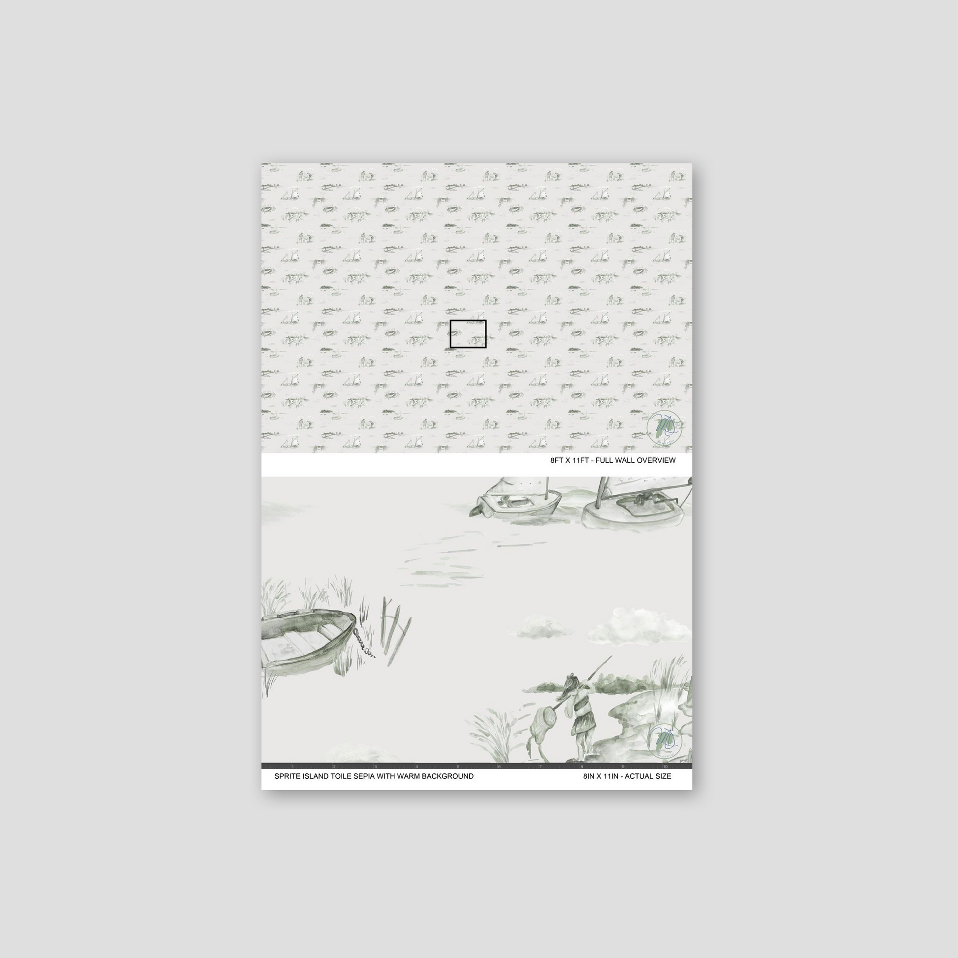 Sepia coastal toile wallpaper with sailboats and serene seascape illustration.