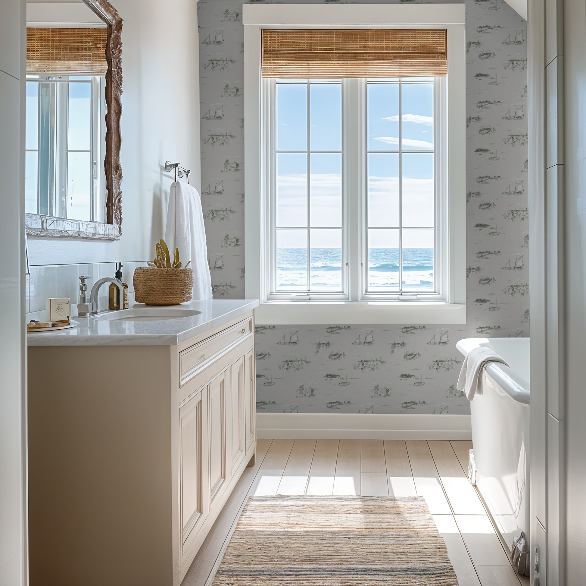 Sepia nautical toile wallpaper in coastal bathroom with ocean view.