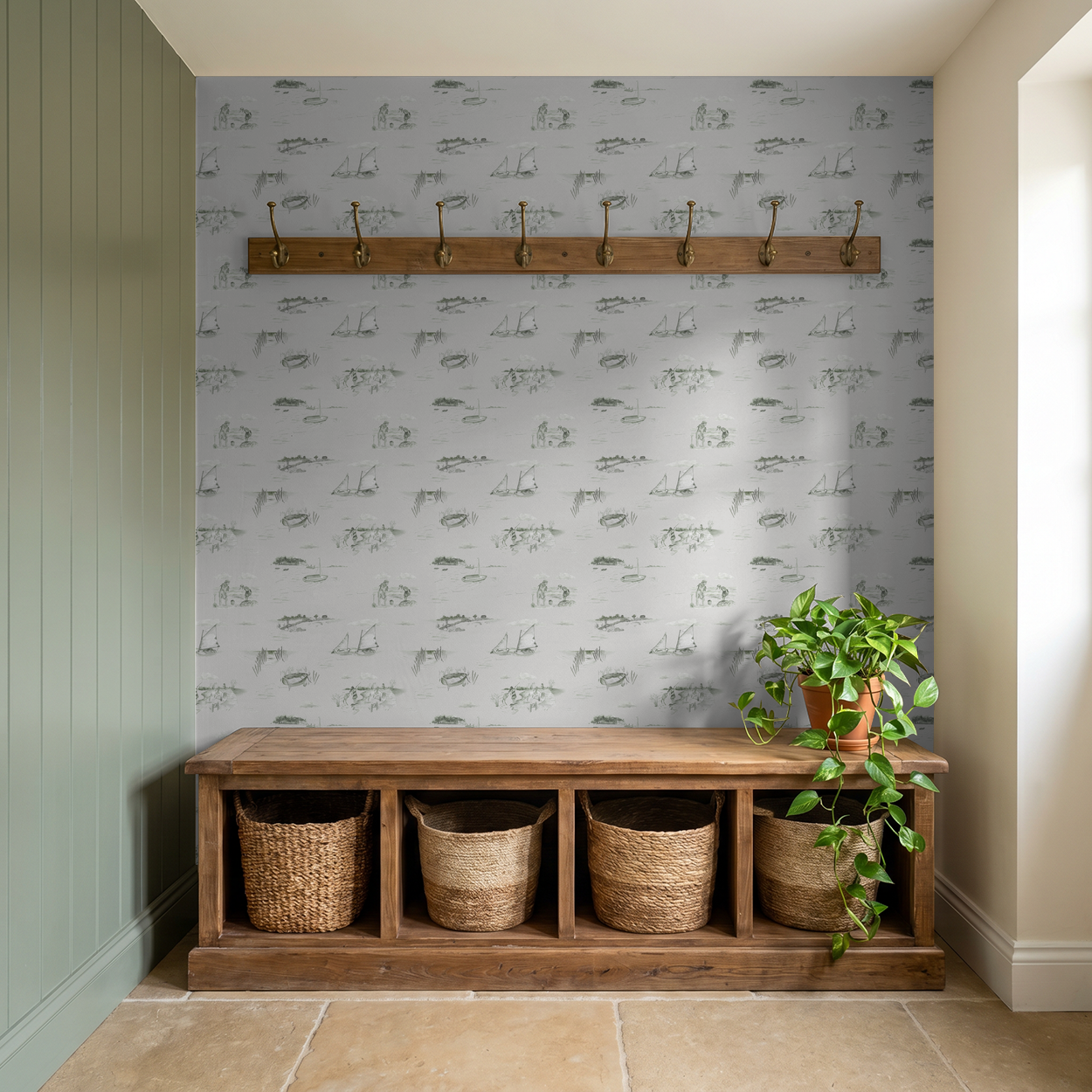 Sepia sailing scene wallpaper in entryway with wood bench and baskets