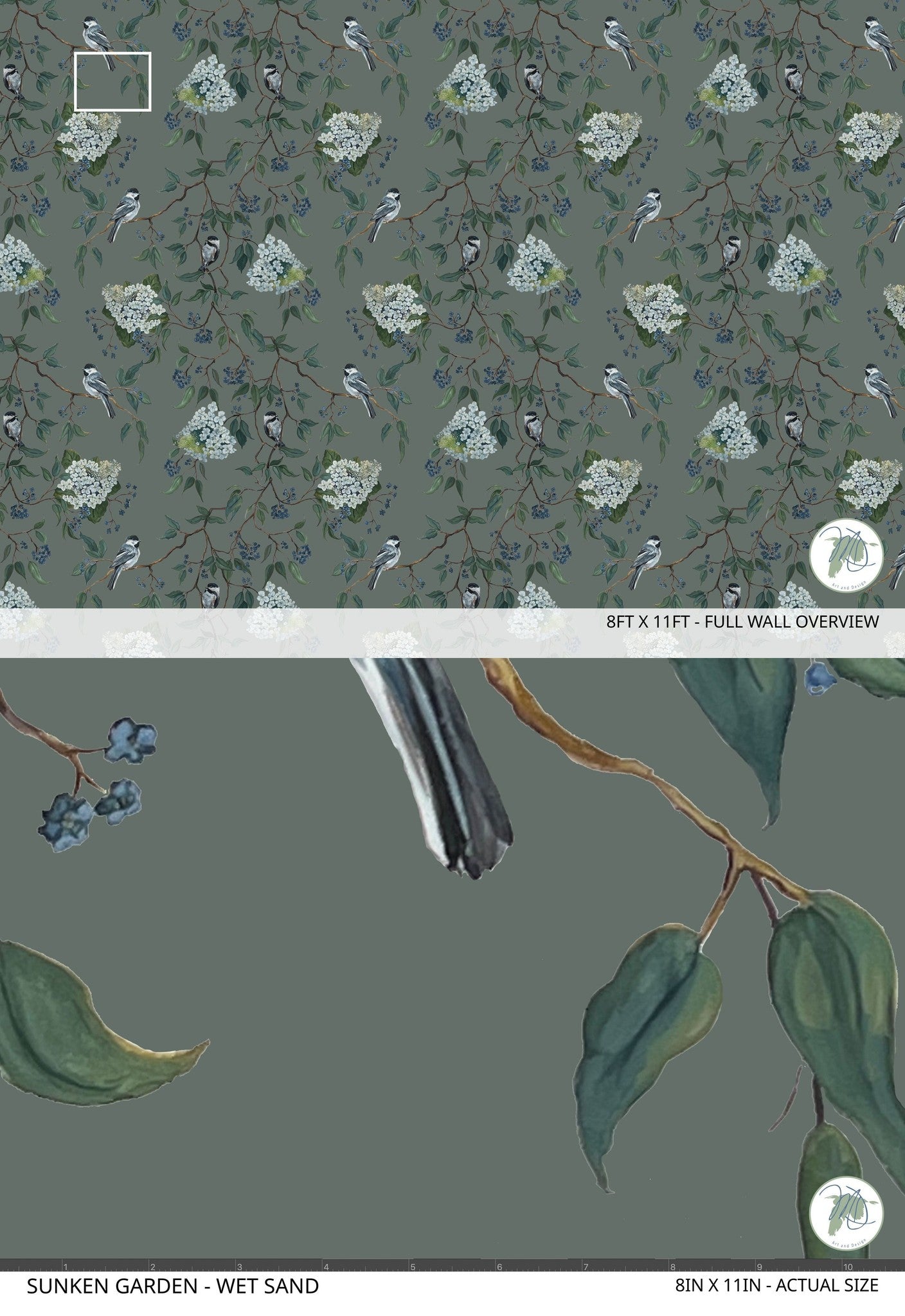 Serene floral wallpaper with birds on green background, Sunken Garden - Wet Sand.