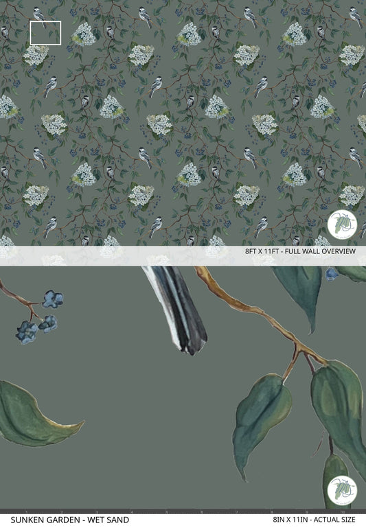 Serene floral wallpaper with birds on green background, Sunken Garden - Wet Sand.