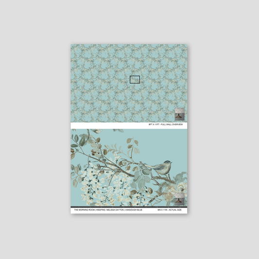 Sky-blue wallpaper with branches, delicate blooms, and birds in a serene pattern.