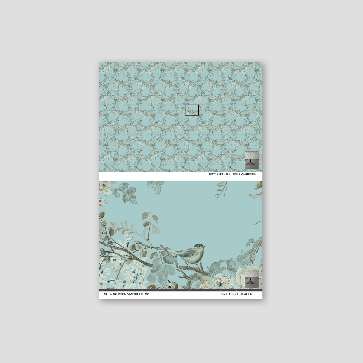 Sky-blue wallpaper with delicate florals and birds, elegant and serene.