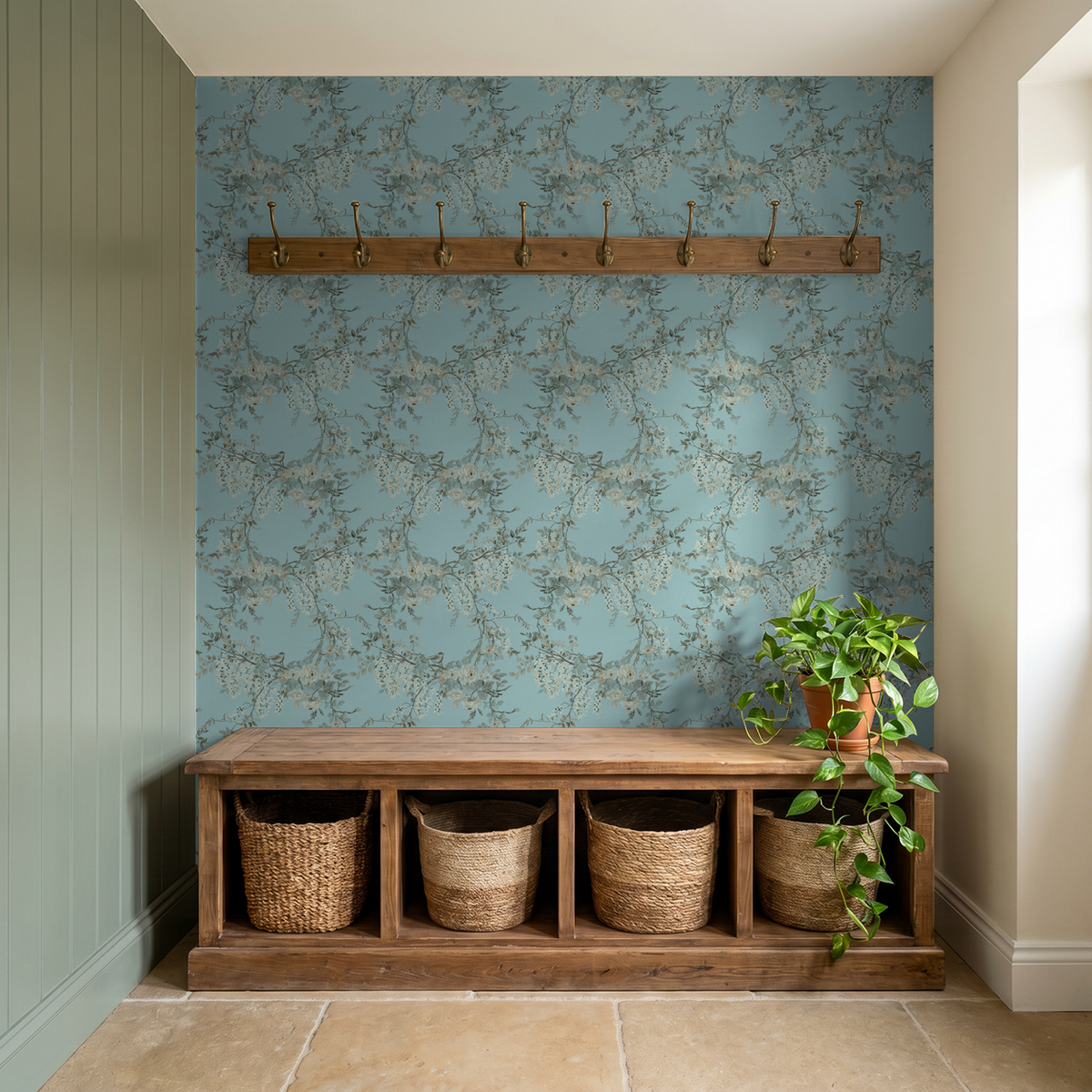 Sky-blue floral wallpaper with birds in rustic entryway with wooden bench and baskets.