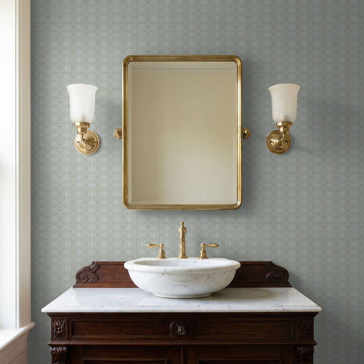 Sky blue geometric lattice wallpaper in elegant bathroom with gold fixtures.