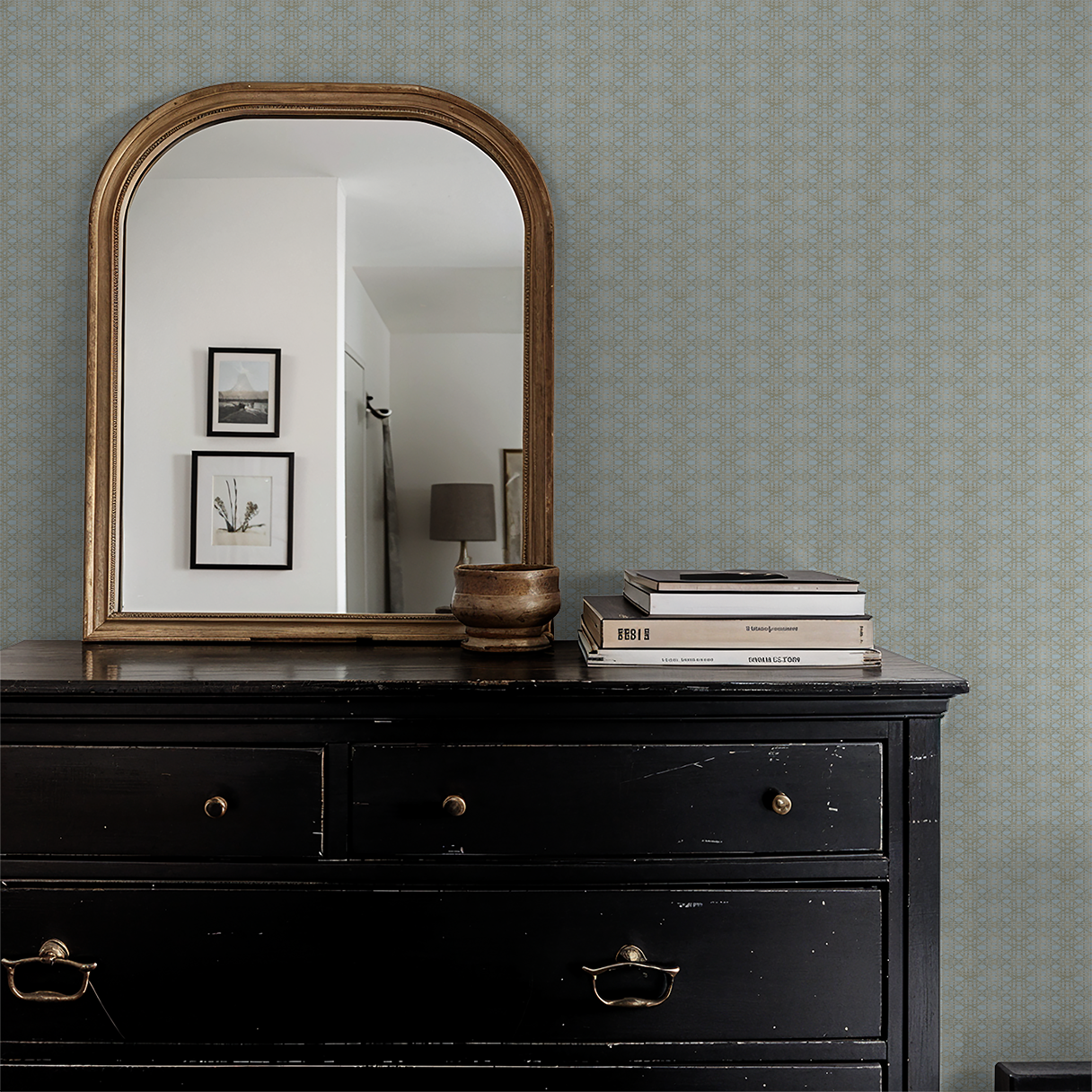 Sky blue lattice wallpaper in vintage room with mirror and dresser