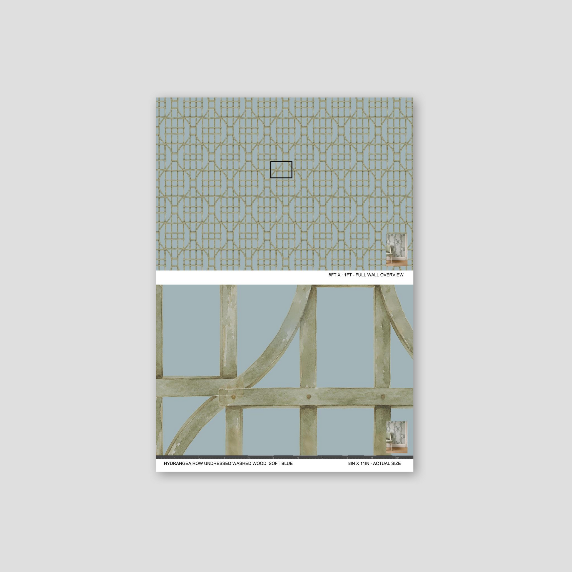 Soft blue wallpaper with green trellis pattern, sample overview and detail.