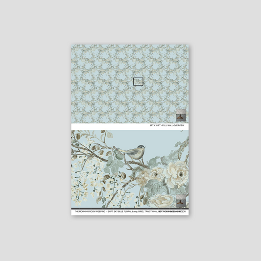 Soft sky blue wallpaper with floral and bird design, traditional cottage style.