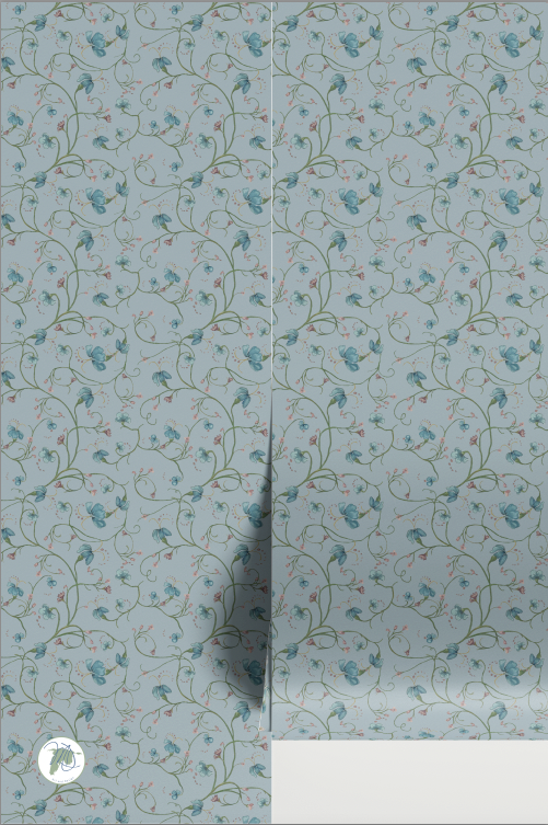 Floral patterned wallpaper with a blue and green color scheme on a light blue background.