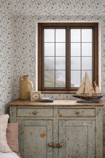 Vintage-style room with floral wallpaper, wooden cabinet, and window view.