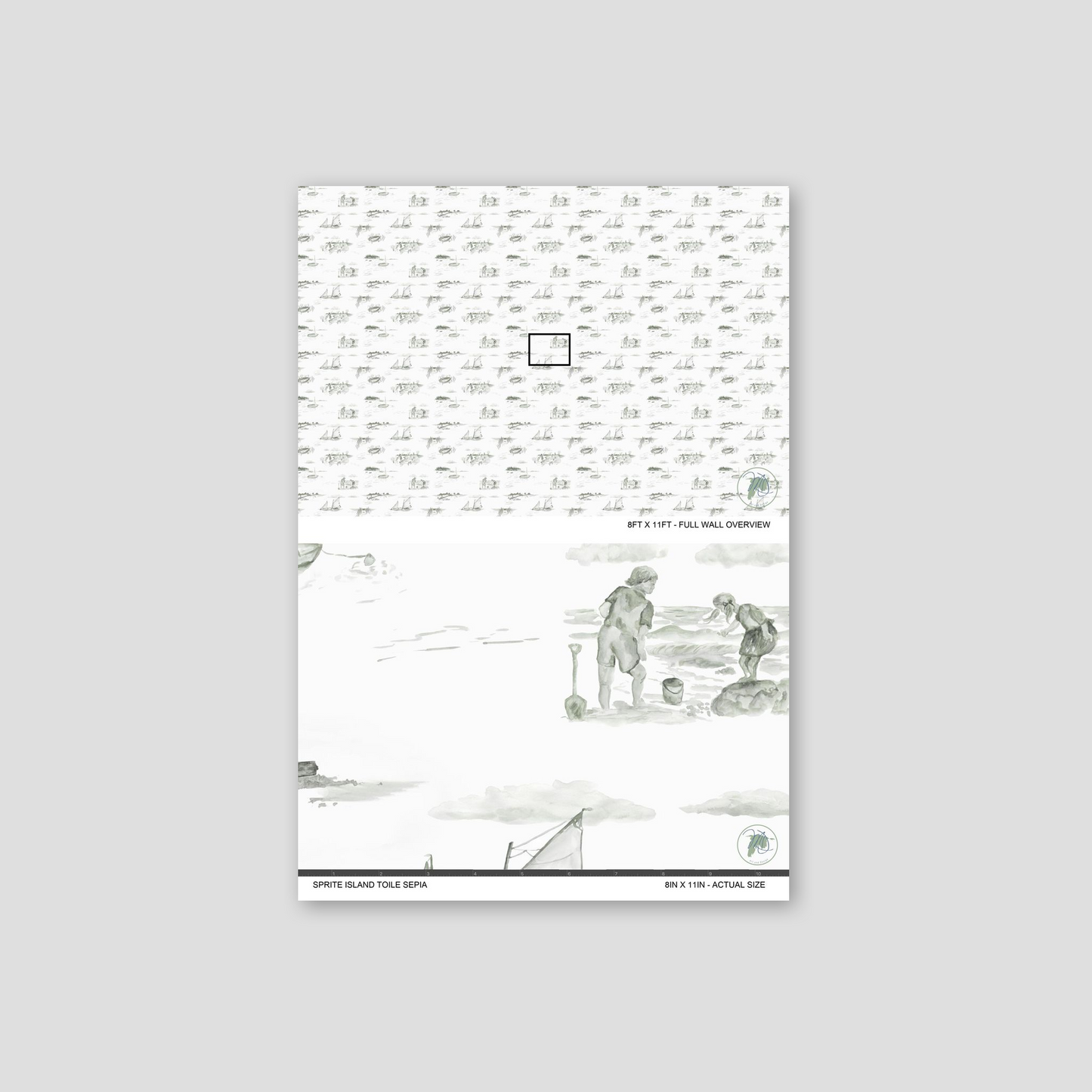 Sprite Island Toile sepia wallpaper with coastal scenes in sepia tones, featuring sailboats and seaside explorations.