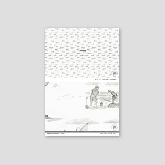 Sprite Island Toile sepia wallpaper with coastal scenes in sepia tones, featuring sailboats and seaside explorations.