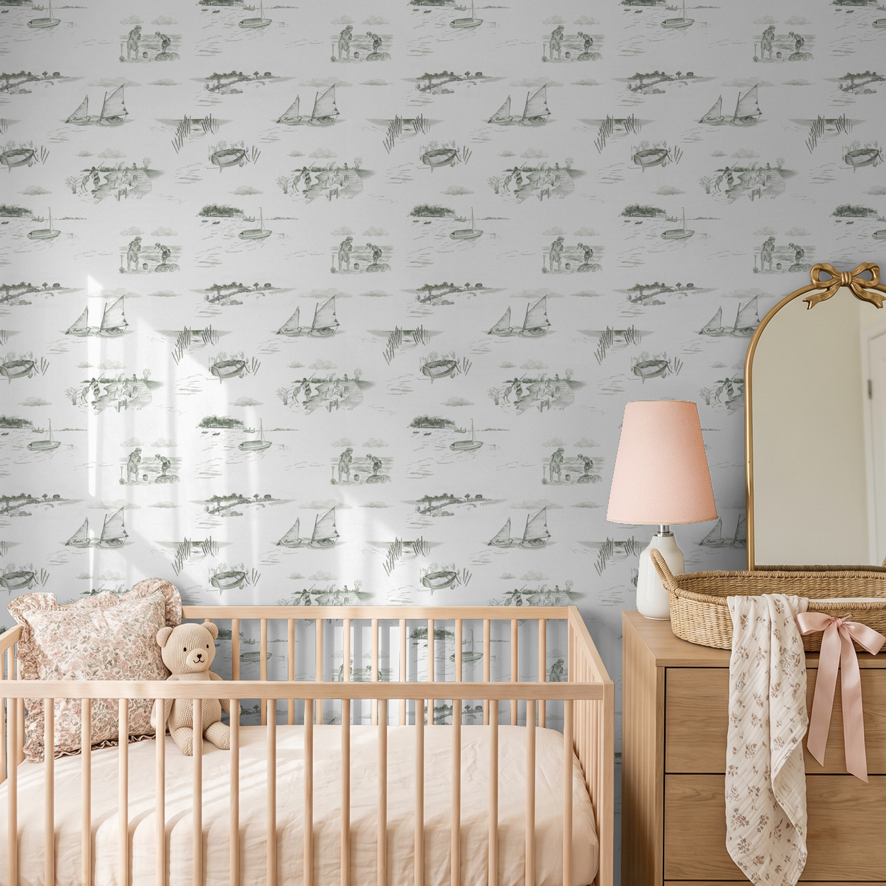 Sprite Island Toile sepia wallpaper with sailboats and seaside scenes in a nursery.