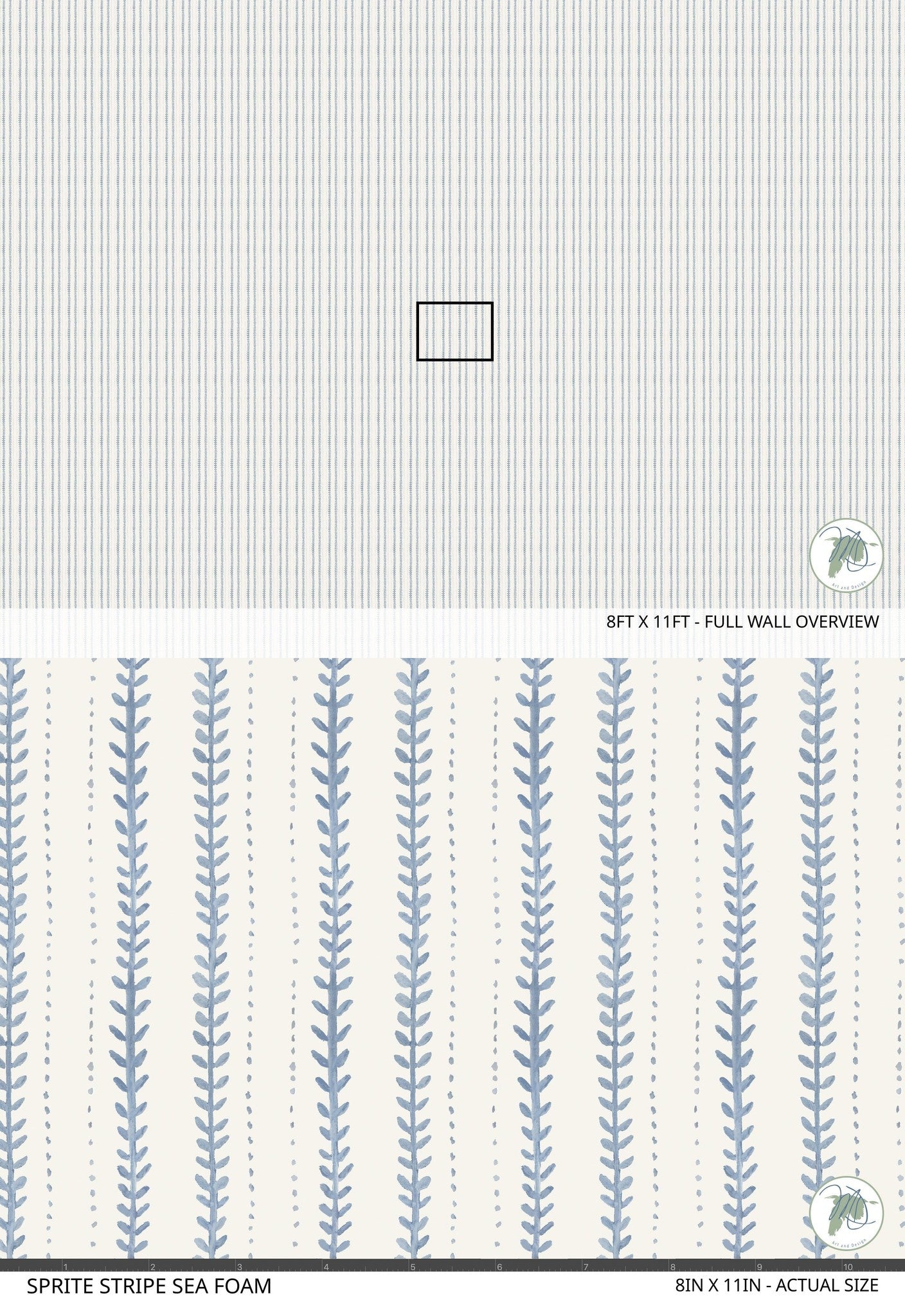 Sprite Stripe Sea Foam wallpaper with vertical blue leaf pattern on white background.