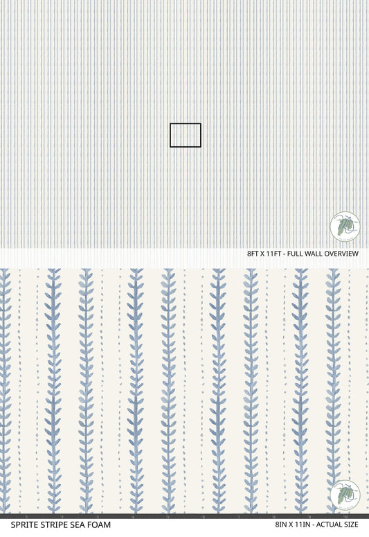 Sprite Stripe Sea Foam wallpaper with vertical blue leaf pattern on white background.
