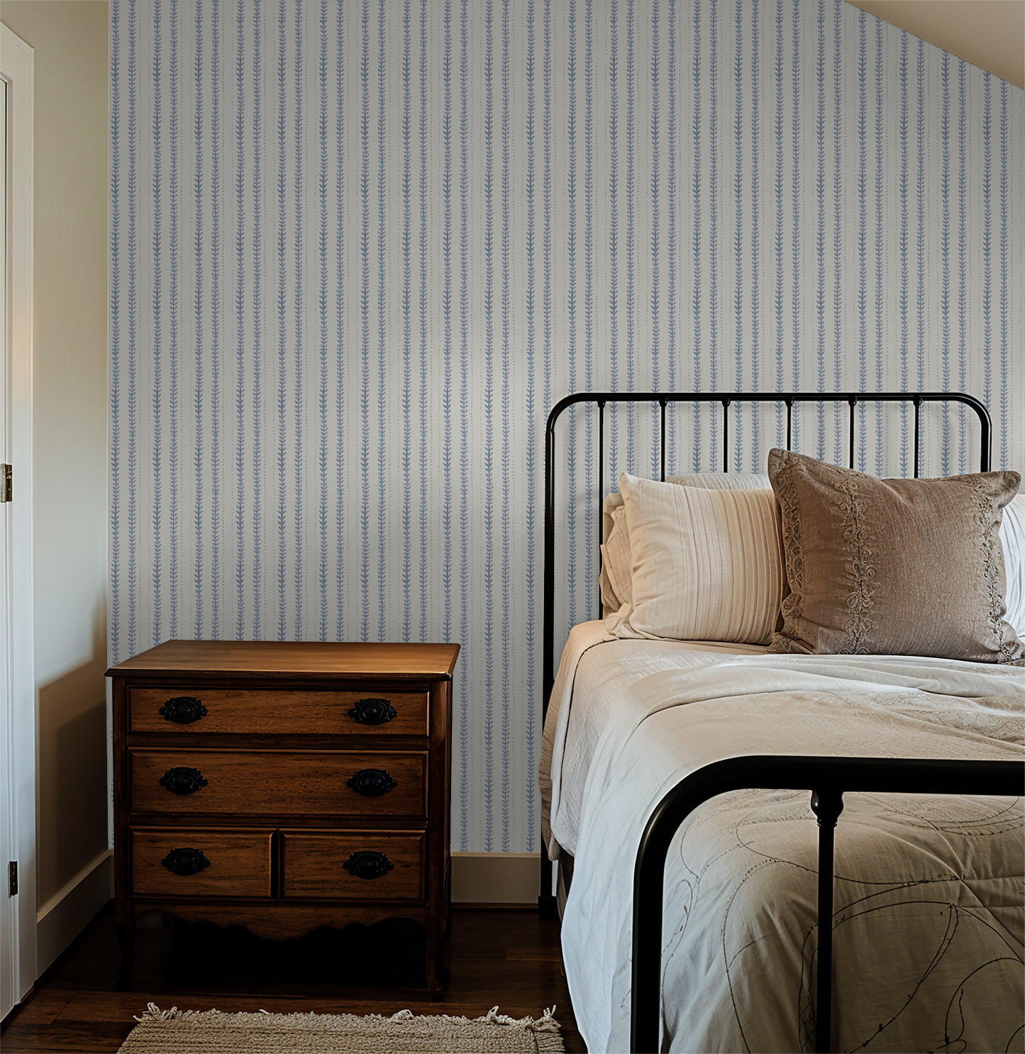 Sprite Stripe Sea Foam wallpaper in cozy bedroom with vintage furniture.