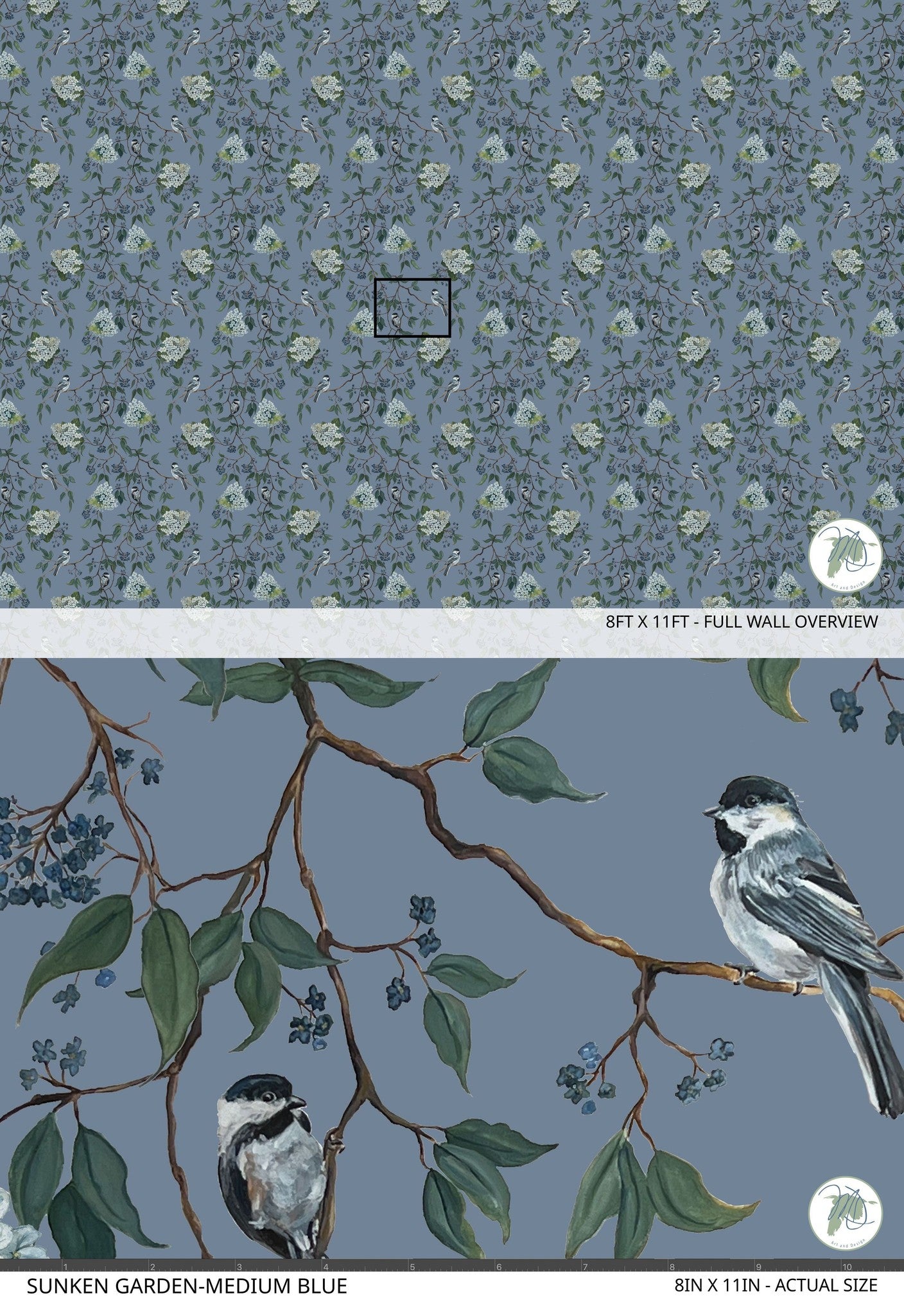 Medium blue wallpaper with birds and lush florals, creating a serene nature-inspired design.