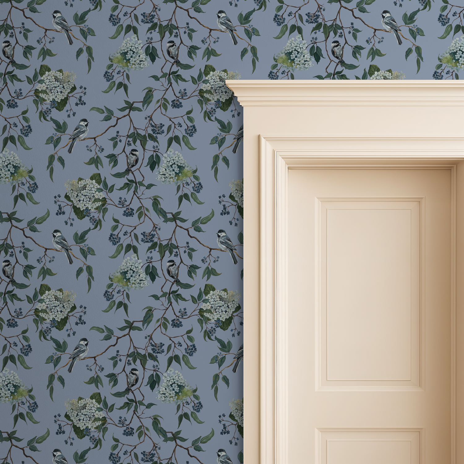 Blue-gray wallpaper with birds and floral pattern next to a cream door.