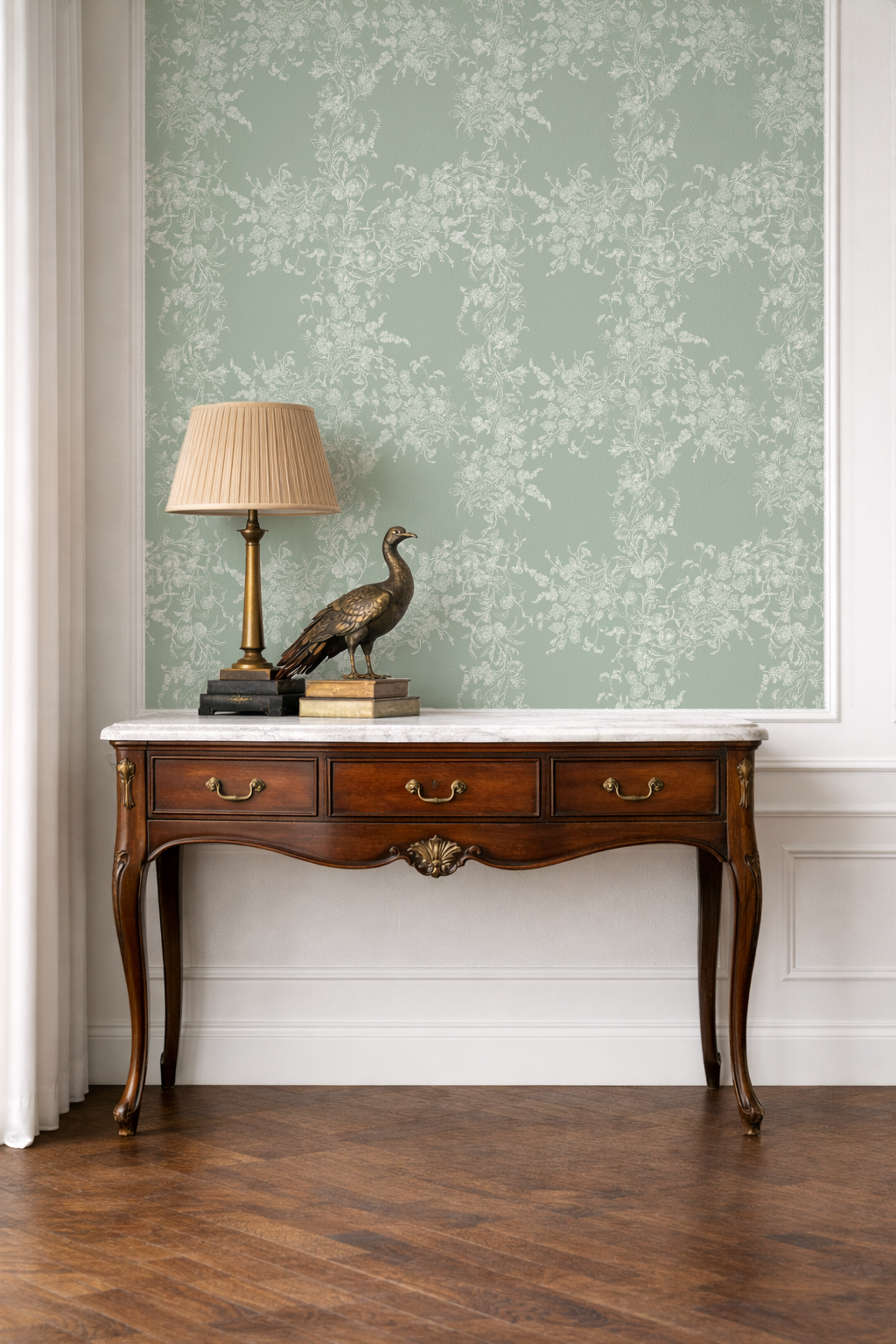 Sun Room Wallpaper | Climbing Floral Vine |Garden Green Monochrome | Melissa Dayton Wallpaper