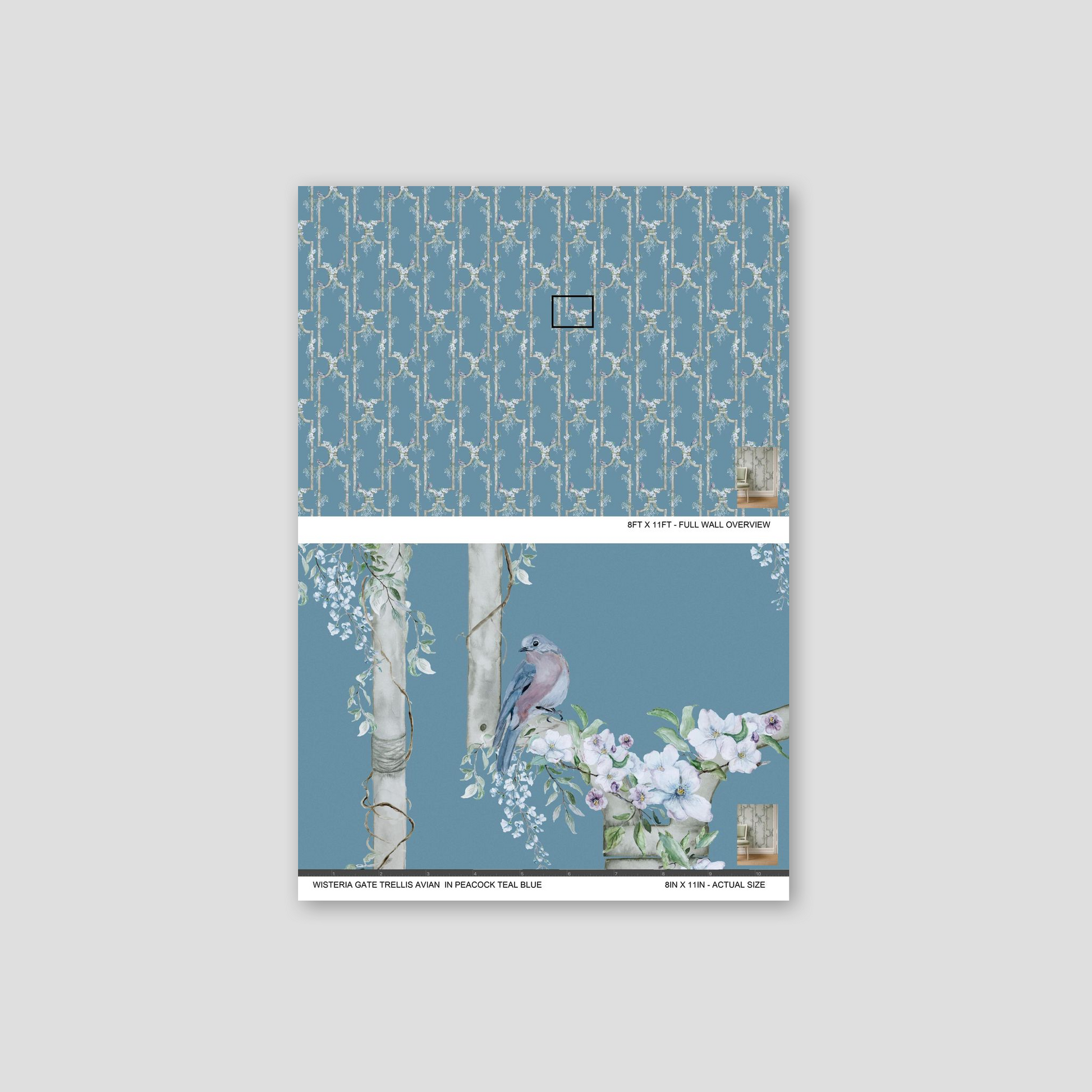 Teal blue wallpaper with bird and floral trellis pattern, serene design.
