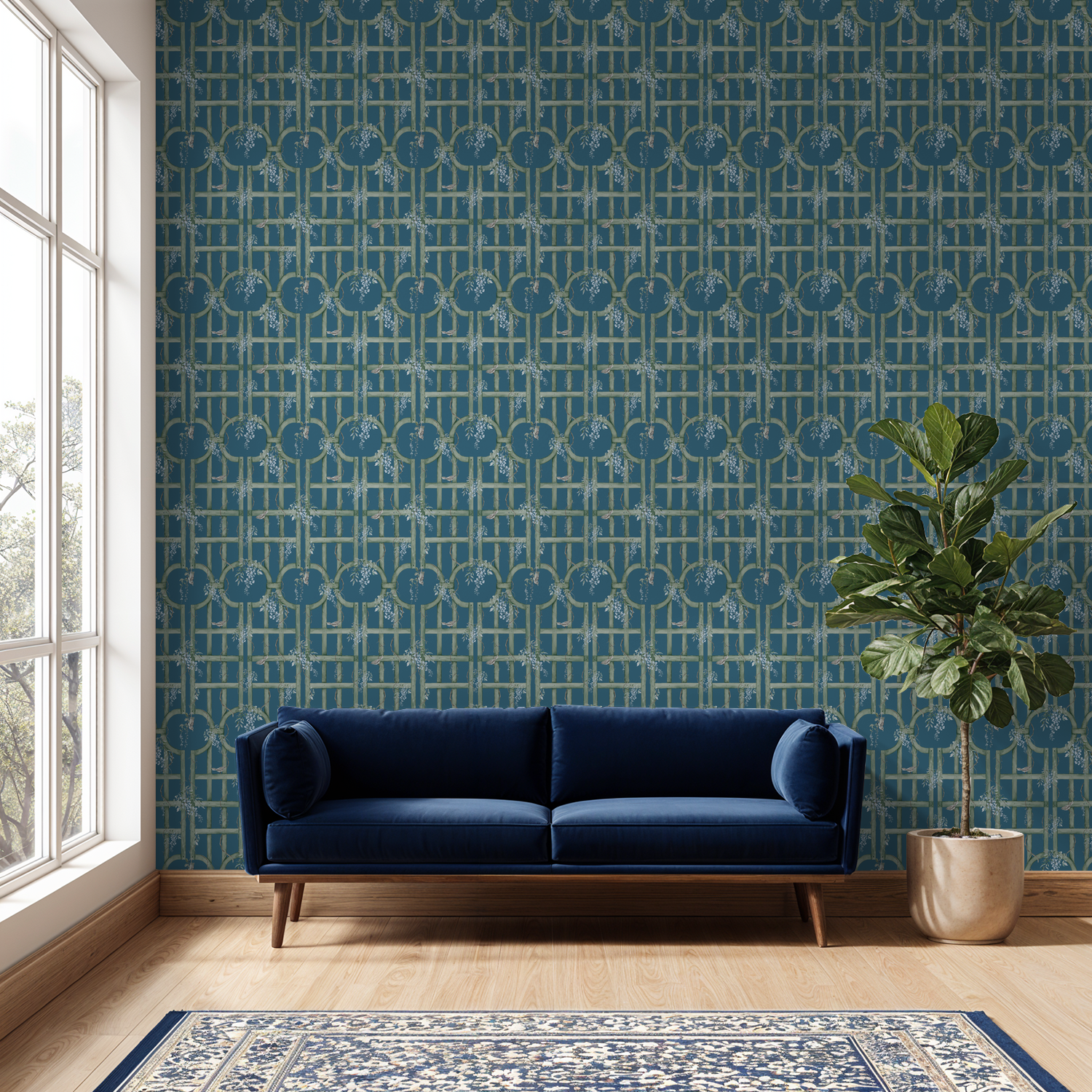 Teal floral trellis wallpaper in a modern living room with blue sofa and plant.