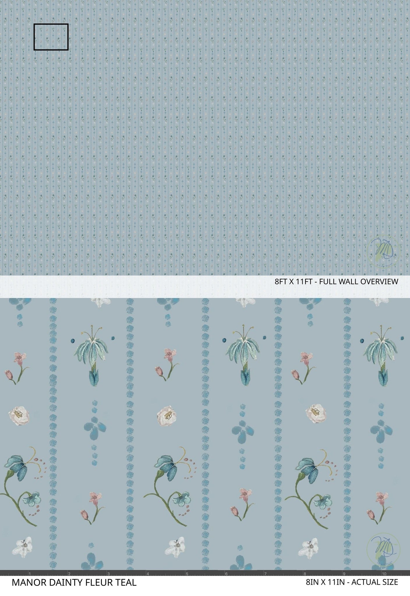 Teal floral wallpaper with delicate flowers and whimsical accents on a soft blue background.